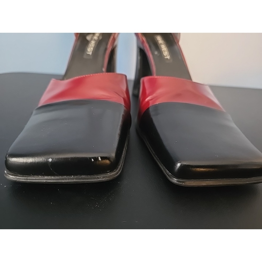 NINE WEST Red Black Ankle Strap Chunky Heels Square Toe Women Pumps Y2K 7.5 - Picture 3 of 11